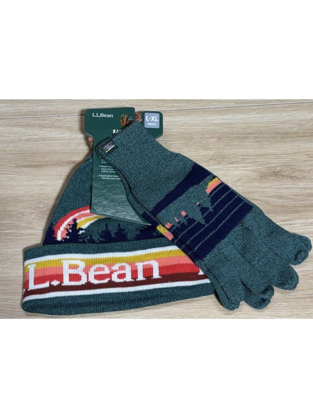 LL Bean Katahdin Winter Pom Pom Hat & Glove Set Green NEW Sz L/XL